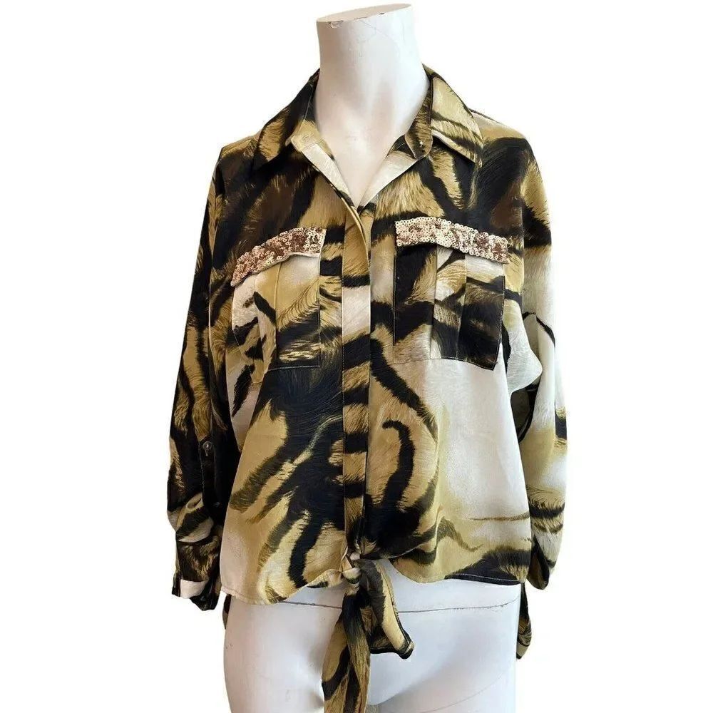Black Label Chico's 00 XS Animal Print High Low Blouse Ties in Front Sequined